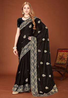 Black color zari embroidery work zarkhan work fendy silk blend saree with blouse 1