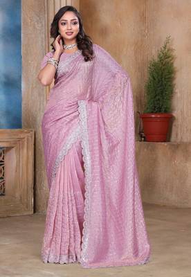 Pink color resham sequence embroidery work zarkhan work gold crush saree with blouse 3