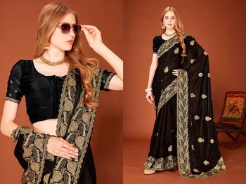 Black color zari embroidery work zarkhan work fendy silk blend saree with blouse 3