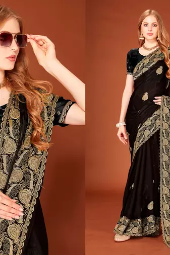 Black color zari embroidery work zarkhan work fendy silk blend saree with blouse