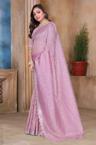 Pink color resham sequence embroidery work zarkhan work gold crush saree with blouse