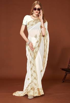 White color zari embroidery work zarkhan work fendy silk blend saree with blouse 1