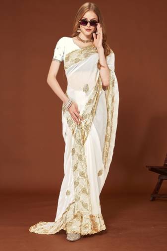 White color zari embroidery work zarkhan work fendy silk saree with blouse