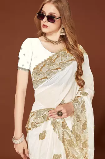White color zari embroidery work zarkhan work fendy silk blend saree with blouse