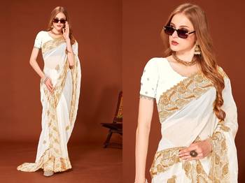 White color zari embroidery work zarkhan work fendy silk blend saree with blouse 3