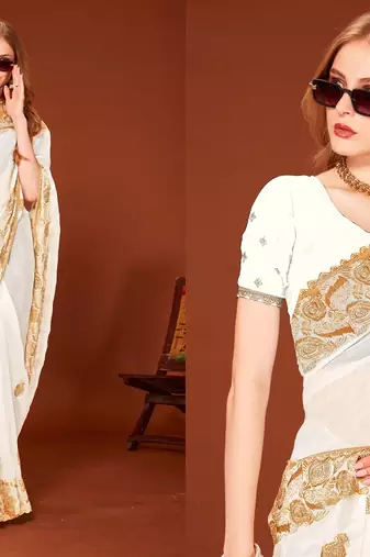 White color zari embroidery work zarkhan work fendy silk blend saree with blouse
