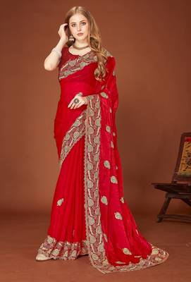 Red color zari embroidery work zarkhan work fendy silk blend saree with blouse 1