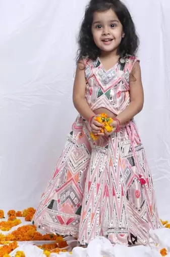 Pink Printed Silk Lehenga Set