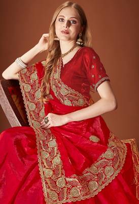Red color zari embroidery work zarkhan work fendy silk blend saree with blouse 2