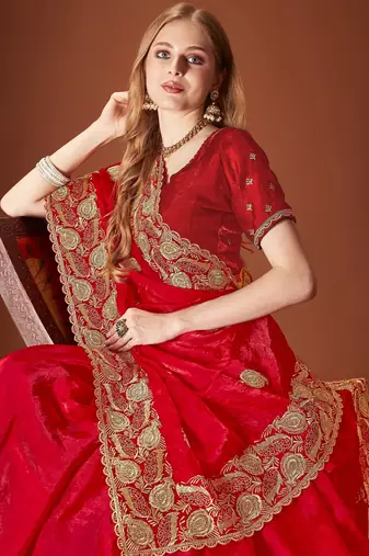 Red color zari embroidery work zarkhan work fendy silk blend saree with blouse