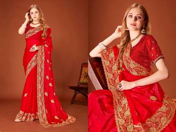 Red color zari embroidery work zarkhan work fendy silk blend saree with blouse 3