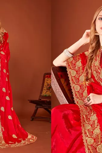 Red color zari embroidery work zarkhan work fendy silk blend saree with blouse