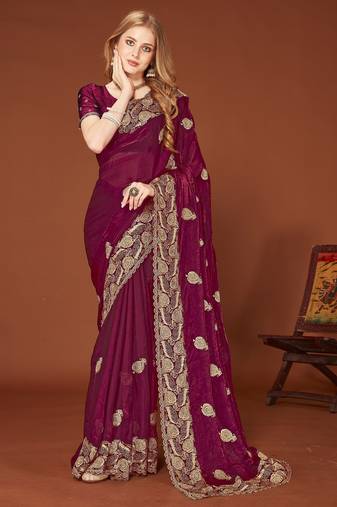 Wine color zari embroidery work zarkhan work fendy silk saree with blouse
