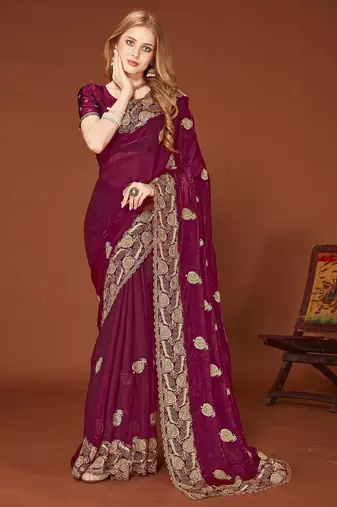 Wine color zari embroidery work zarkhan work fendy silk saree with blouse