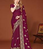 Wine color zari embroidery work zarkhan work fendy silk saree with blouse