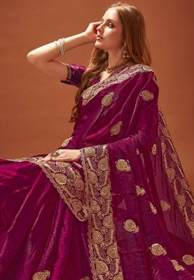 Wine color zari embroidery work zarkhan work fendy silk blend saree with blouse 2