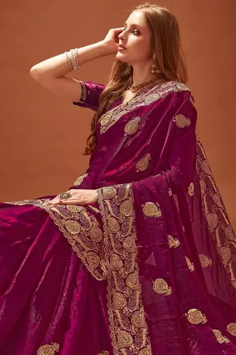 Wine color zari embroidery work zarkhan work fendy silk blend saree with blouse