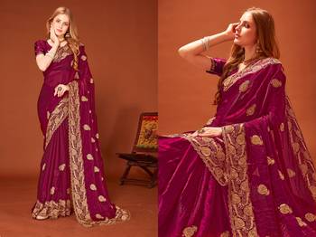 Wine color zari embroidery work zarkhan work fendy silk blend saree with blouse 3
