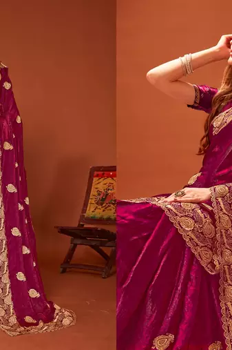 Wine color zari embroidery work zarkhan work fendy silk blend saree with blouse