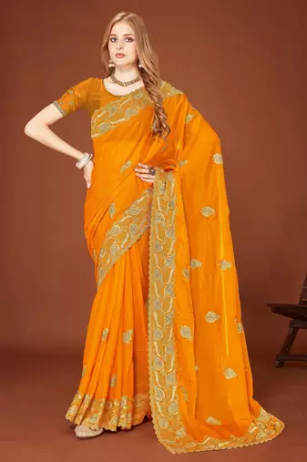 Musturd color zari embroidery work zarkhan work fendy silk saree with blouse