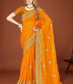 Musturd color zari embroidery work zarkhan work fendy silk saree with blouse
