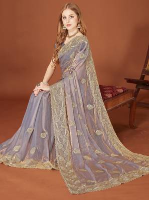 Grey color zari embroidery work zarkhan work fendy silk blend saree with blouse 1
