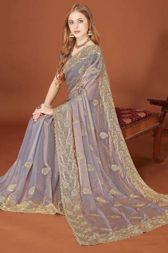 Grey color zari embroidery work zarkhan work fendy silk saree with blouse