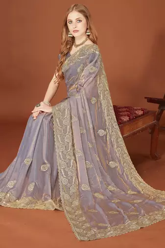 Grey color zari embroidery work zarkhan work fendy silk saree with blouse