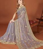 Grey color zari embroidery work zarkhan work fendy silk saree with blouse