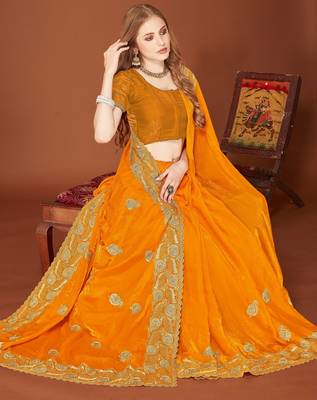 Musturd color zari embroidery work zarkhan work fendy silk blend saree with blouse 2