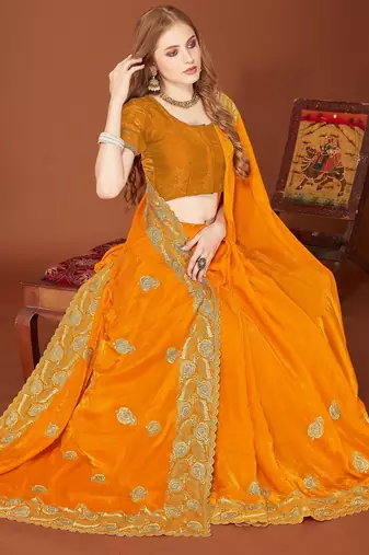 Musturd color zari embroidery work zarkhan work fendy silk blend saree with blouse