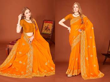 Musturd color zari embroidery work zarkhan work fendy silk blend saree with blouse 3