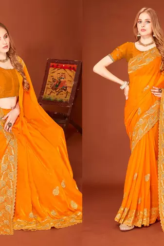 Musturd color zari embroidery work zarkhan work fendy silk blend saree with blouse