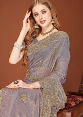 Grey color zari embroidery work zarkhan work fendy silk blend saree with blouse 2