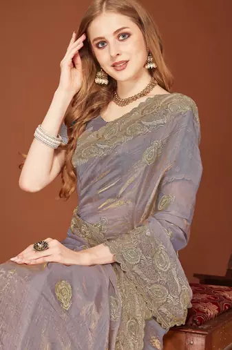 Grey color zari embroidery work zarkhan work fendy silk blend saree with blouse