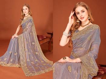 Grey color zari embroidery work zarkhan work fendy silk blend saree with blouse 3