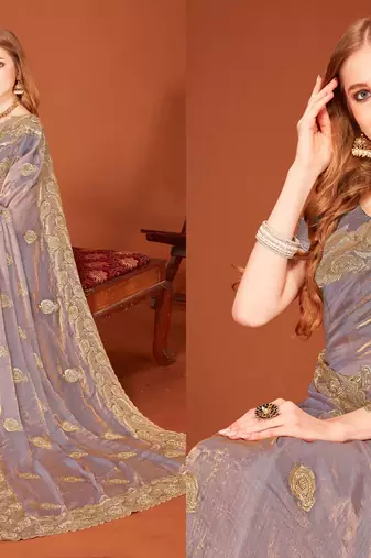 Grey color zari embroidery work zarkhan work fendy silk blend saree with blouse