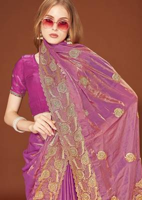 Pink color zari embroidery work zarkhan work fendy silk blend saree with blouse 2