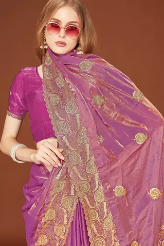 Pink color zari embroidery work zarkhan work fendy silk blend saree with blouse