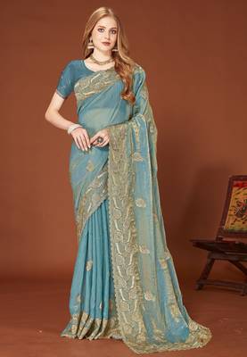 Sky blue color zari embroidery work zarkhan work fendy silk blend saree with blouse 1