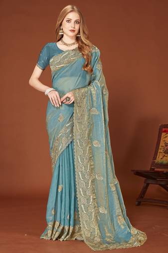 Sky blue color zari embroidery work zarkhan work fendy silk saree with blouse