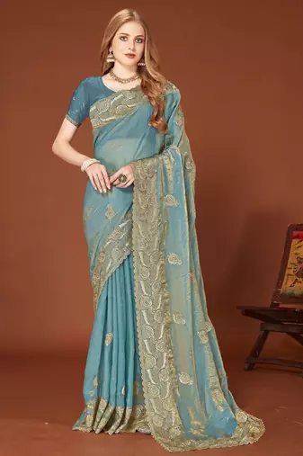 Sky blue color zari embroidery work zarkhan work fendy silk saree with blouse