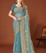 Sky blue color zari embroidery work zarkhan work fendy silk saree with blouse