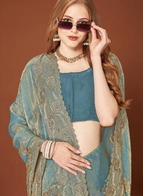 Sky blue color zari embroidery work zarkhan work fendy silk blend saree with blouse 2