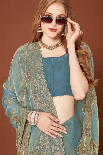 Sky blue color zari embroidery work zarkhan work fendy silk blend saree with blouse