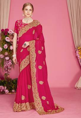 Designer rani heavy zari embroidery zarkan boder silk saree 1
