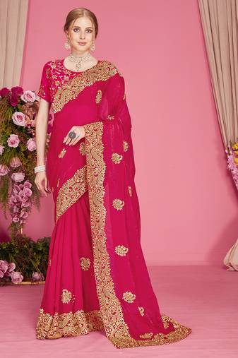 Designer rani heavy zari embroidery zarkan boder silk saree