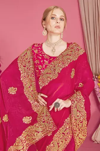 Designer rani heavy zari embroidery zarkan boder silk saree