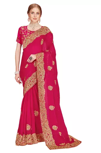 Designer rani heavy zari embroidery zarkan boder silk saree