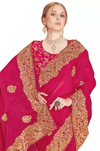 Designer rani heavy zari embroidery zarkan boder silk saree